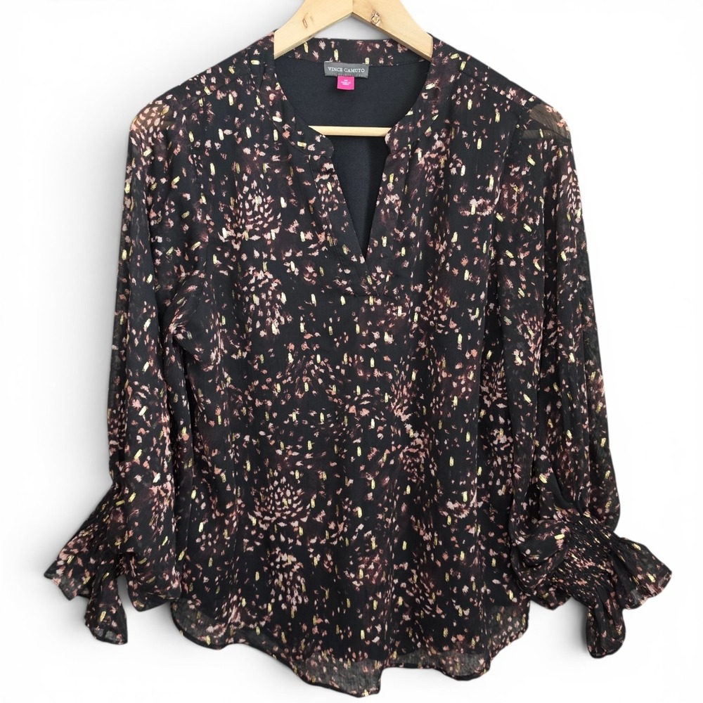 Vince Camuto Top Womens Medium V Neck Blouse Lined Chiffon‎ Long Sleeve Casual